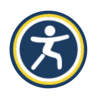 Blue runner silhouette with white dots on yellow shield.
