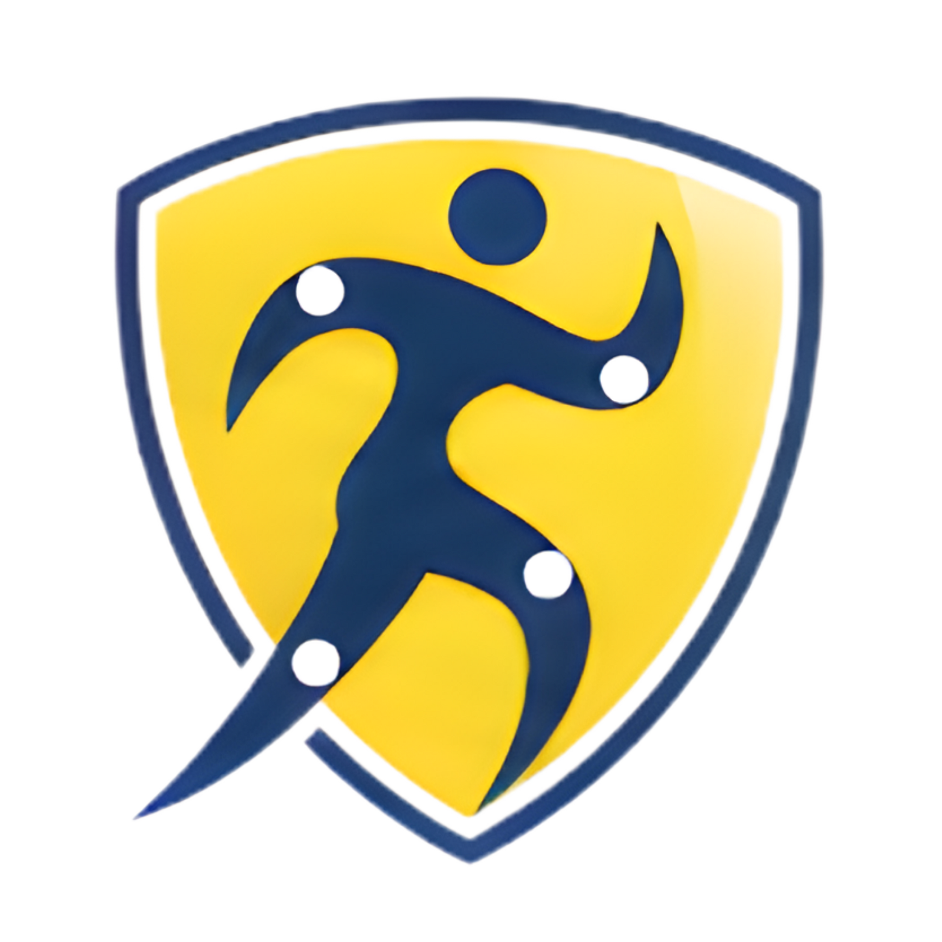 Blue runner silhouette with white dots on yellow shield.