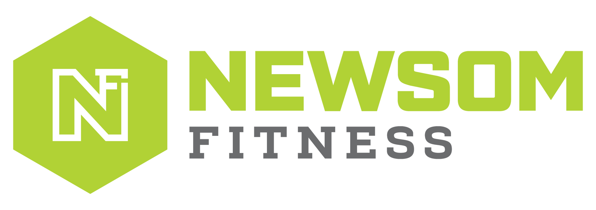 The logo for newsom fitness is green and gray.