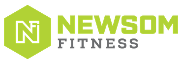 The logo for newsom fitness is green and gray.