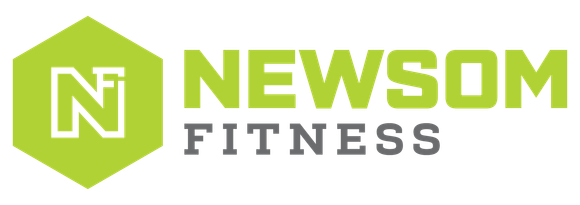 The logo for newsom fitness is green and gray.