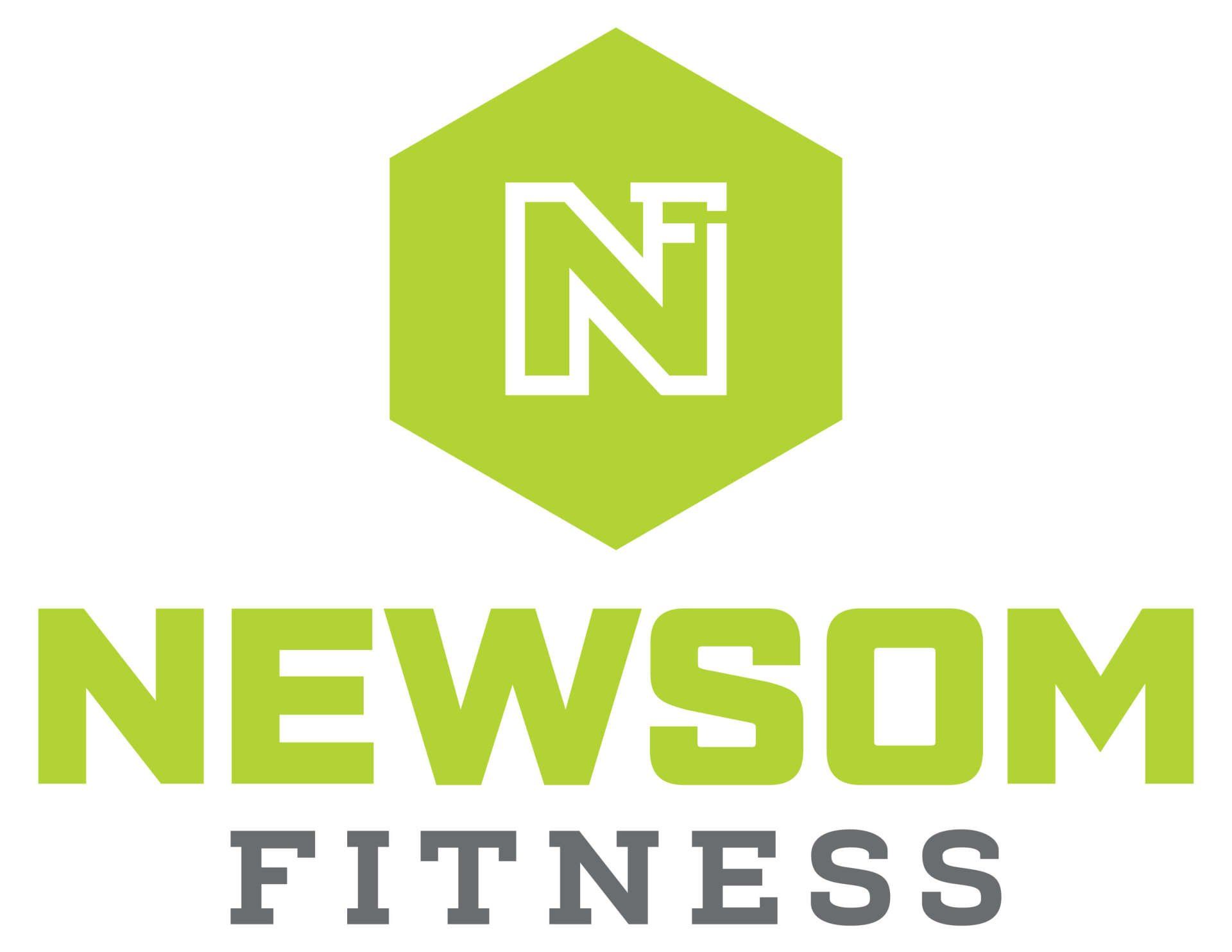 The logo for newsom fitness is a green hexagon with the letter n on it.