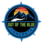 Circular blue logo with mountains, sunset, and the words &ldquo;OUT OF THE BLUE CONCRETE&rdquo;