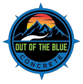 Circular blue logo with mountains, sunset, and the words &ldquo;OUT OF THE BLUE CONCRETE&rdquo;
