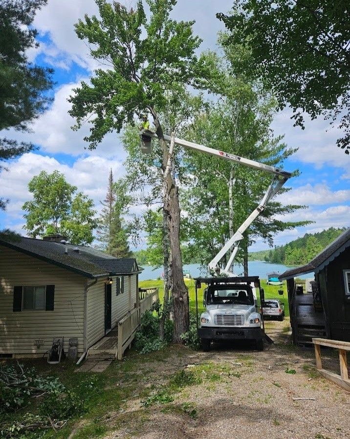 A crane is cutting a tree in front of a house - Gaylord, MI - Stuckman Tree Service