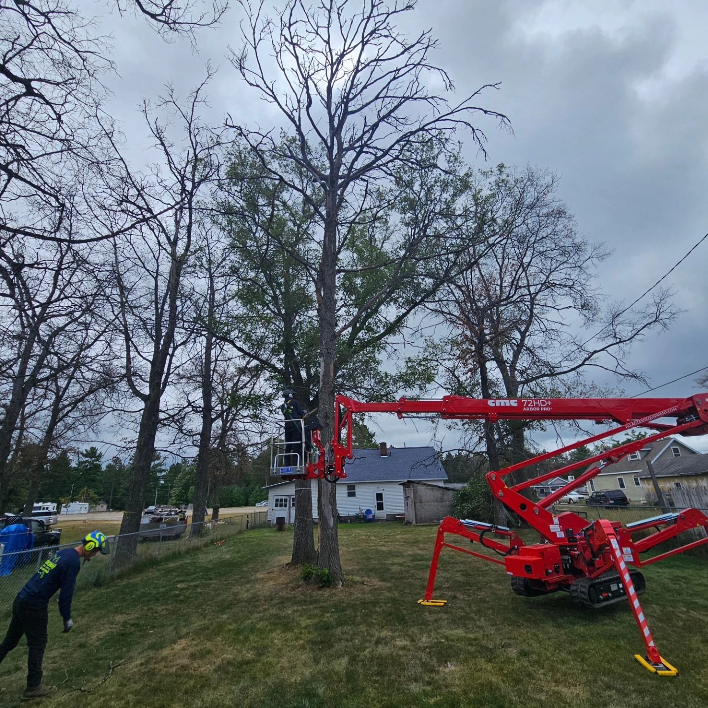 A red crane is cutting a tree in a yard - Gaylord, MI - Stuckman Tree Service