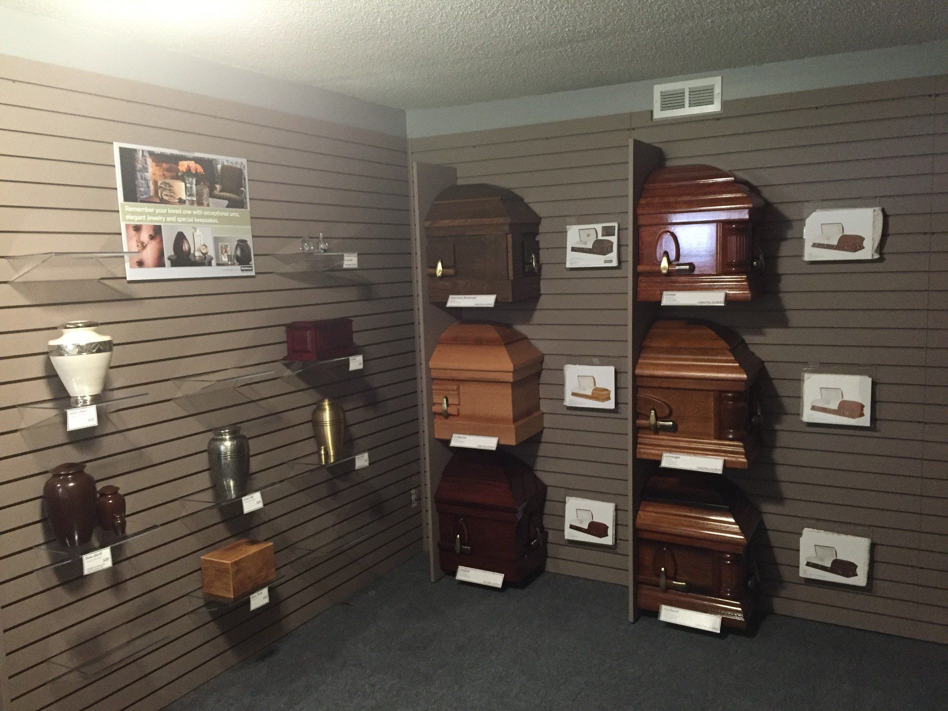 Casket showroom Interior view of Whetsel Funeral Service in Alexandria, IN 46001