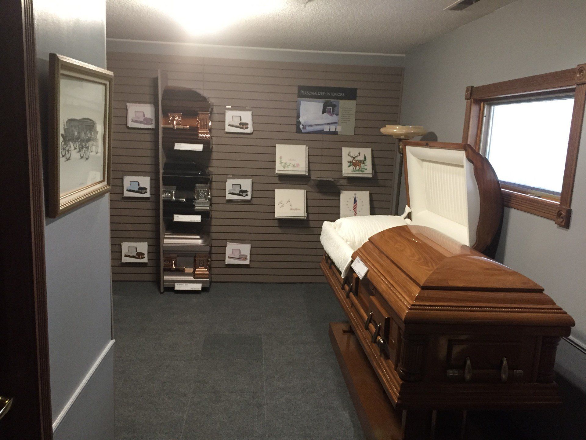 Casket showroom Interior view of Whetsel Funeral Service in Alexandria, IN 46001