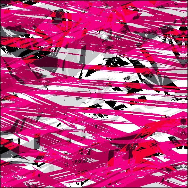 Obra abstracta con pinceladas rosas y formas geométricas sobre blanco y gris.