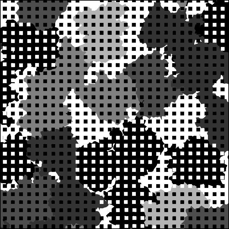 Patrón abstracto en escala de grises de bloques y cuadrículas de puntos.