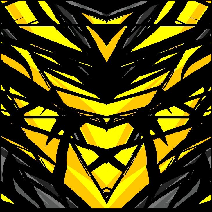 Diseño abstracto con formas geométricas amarillas, negras y grises que forman un patrón simétrico.