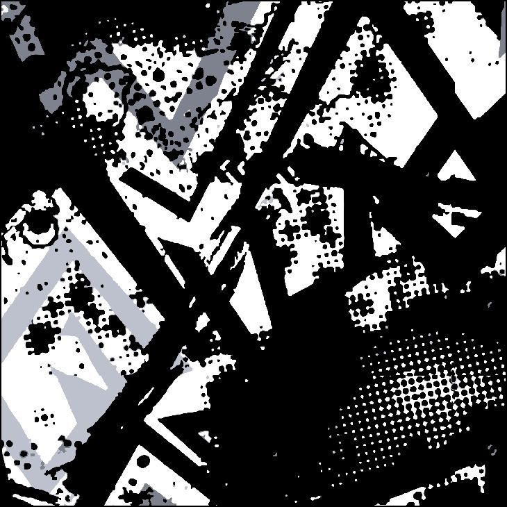 Diseño abstracto con formas geométricas y puntos de semitono en negro, gris y blanco.