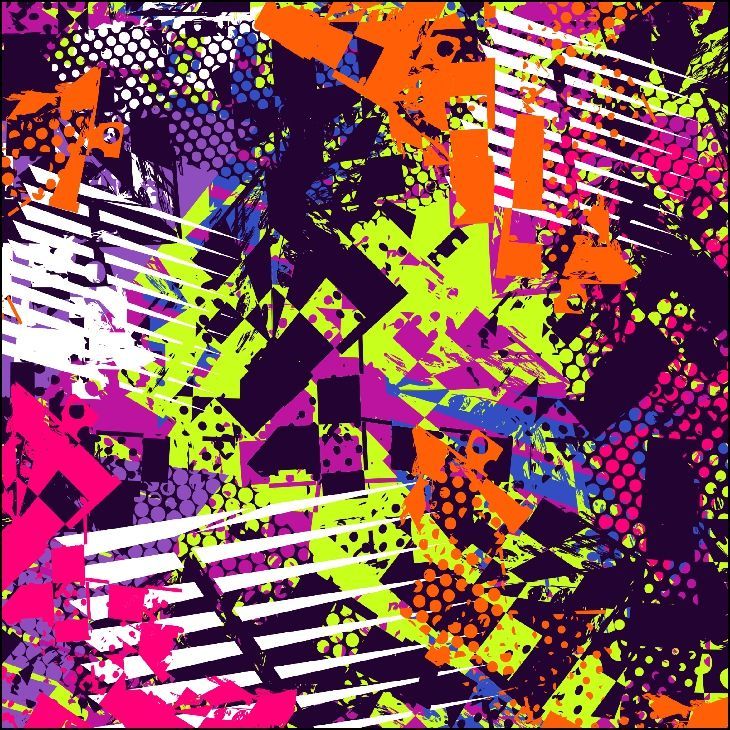 Arte abstracto con formas de color verde neón, rosa, naranja, morado y blanco sobre un fondo oscuro.