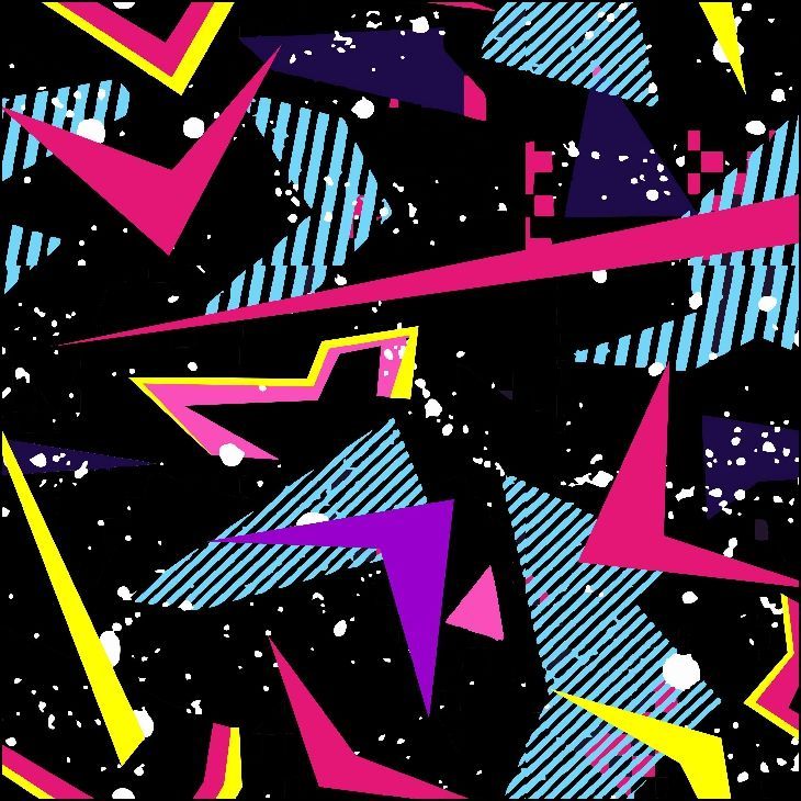 Patrón geométrico estilo años 80 con formas rosas, amarillas, azules y violetas sobre un fondo negro con motas blancas.