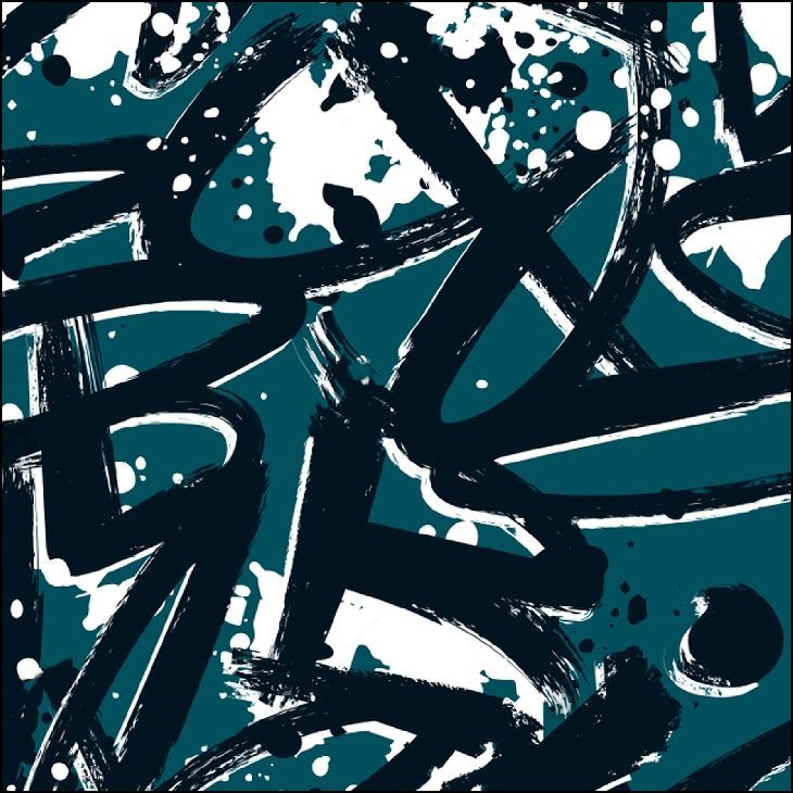 Trazos de pintura abstractos de color verde azulado y blanco sobre un fondo verde azulado oscuro.