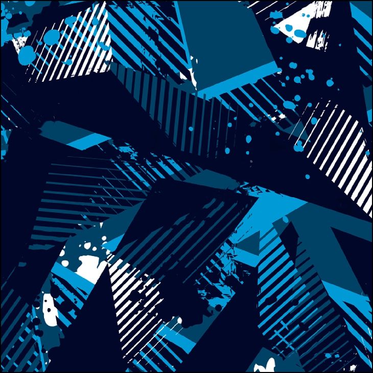 Patrón geométrico abstracto en tonos azules y blancos con salpicaduras y líneas.