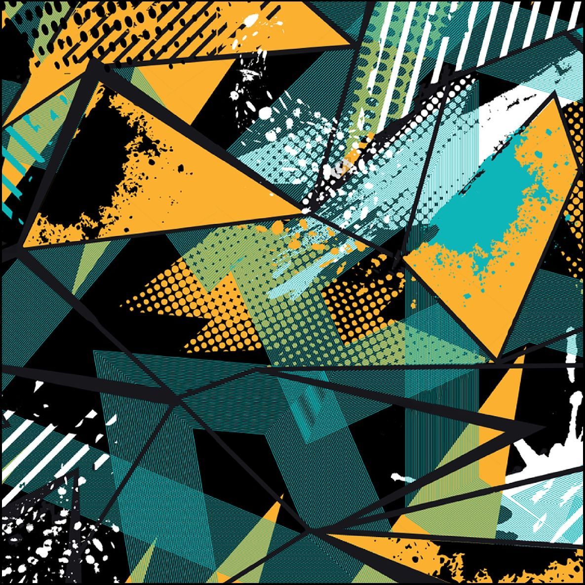 Patrón geométrico abstracto con formas triangulares de color amarillo, verde azulado y