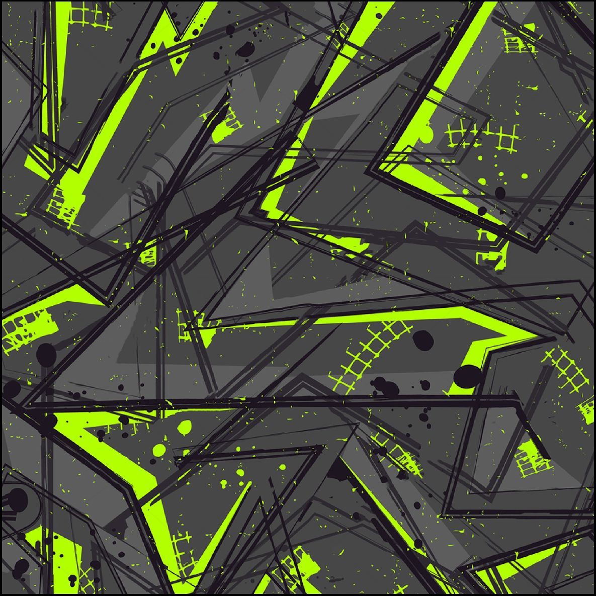 Patrón abstracto de formas grises irregulares con acentos y salpicaduras de color verde neón.