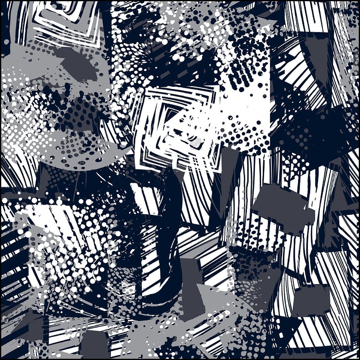 Patrón abstracto de bloques grises, blancos y azul oscuro con variados elementos geométricos y texturizados.