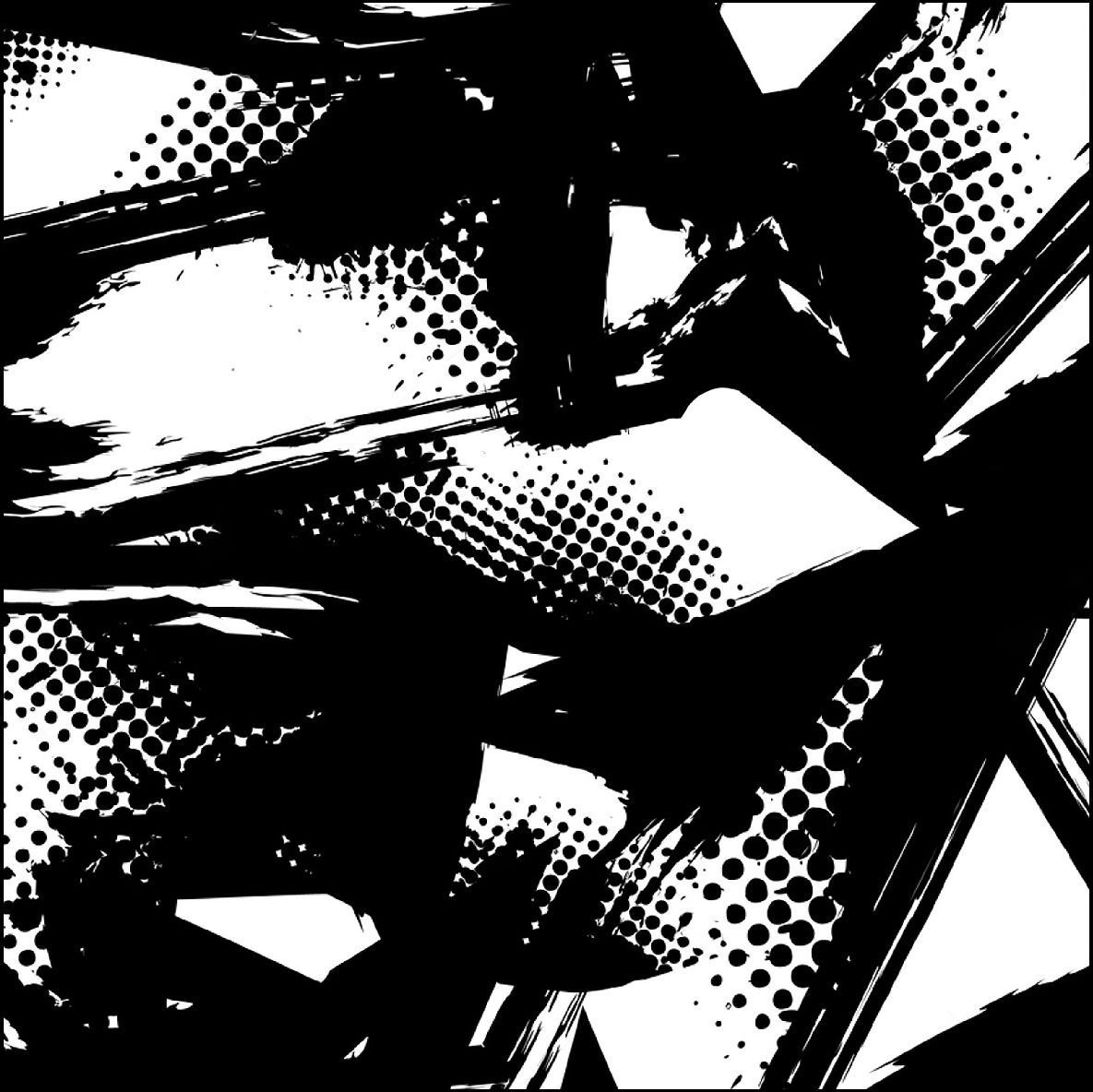 Gráfico abstracto en blanco y negro con puntos de semitono y pinceladas.