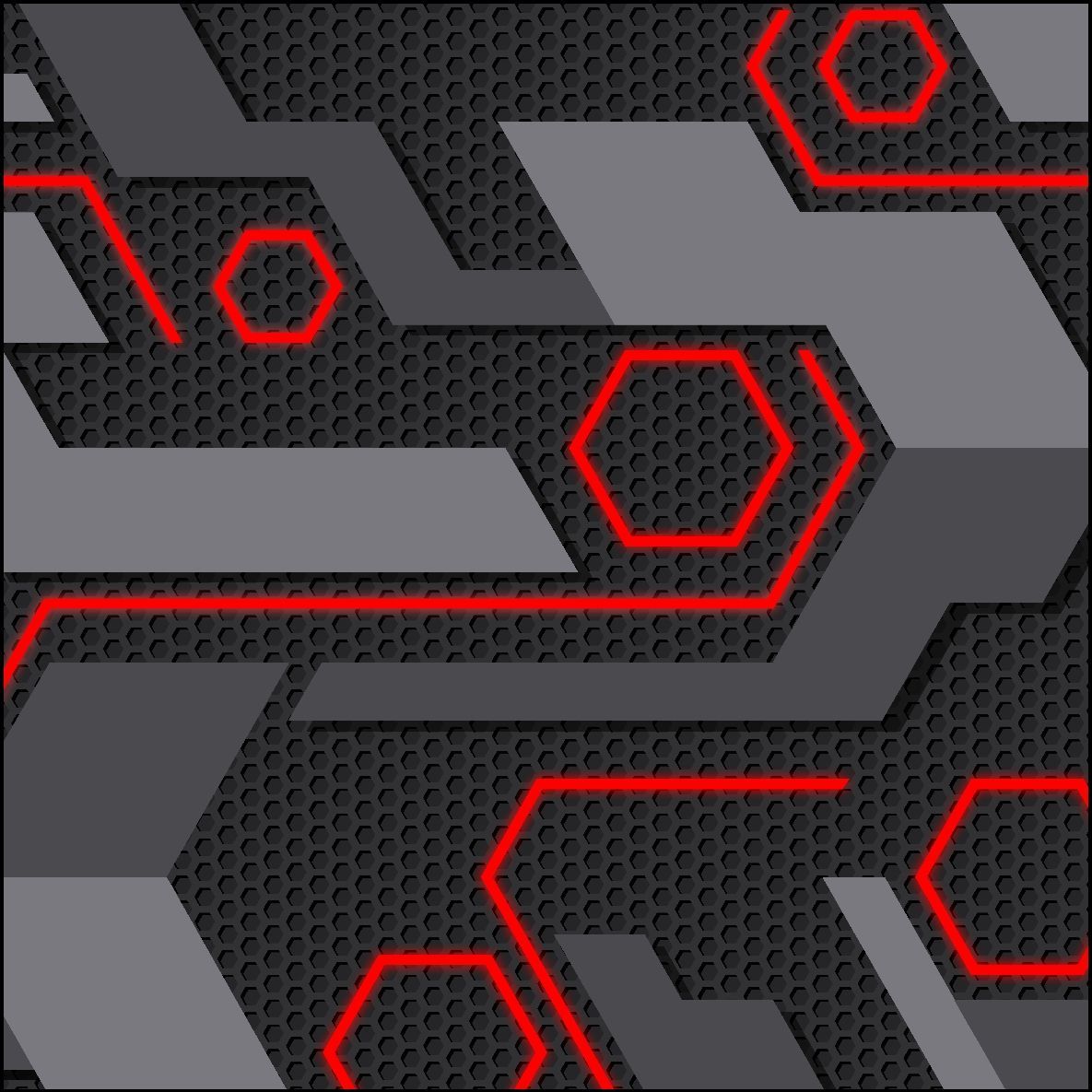 Diseño geométrico abstracto con líneas rojas y formas grises sobre un fondo oscuro y texturizado.