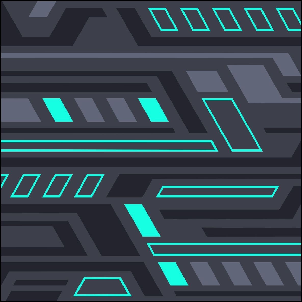 Patrón geométrico abstracto con líneas y formas de color gris oscuro y verde azulado.