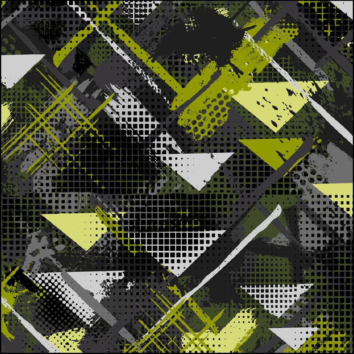 Patrón abstracto de triángulos y líneas en tonos verde, gris y negro.