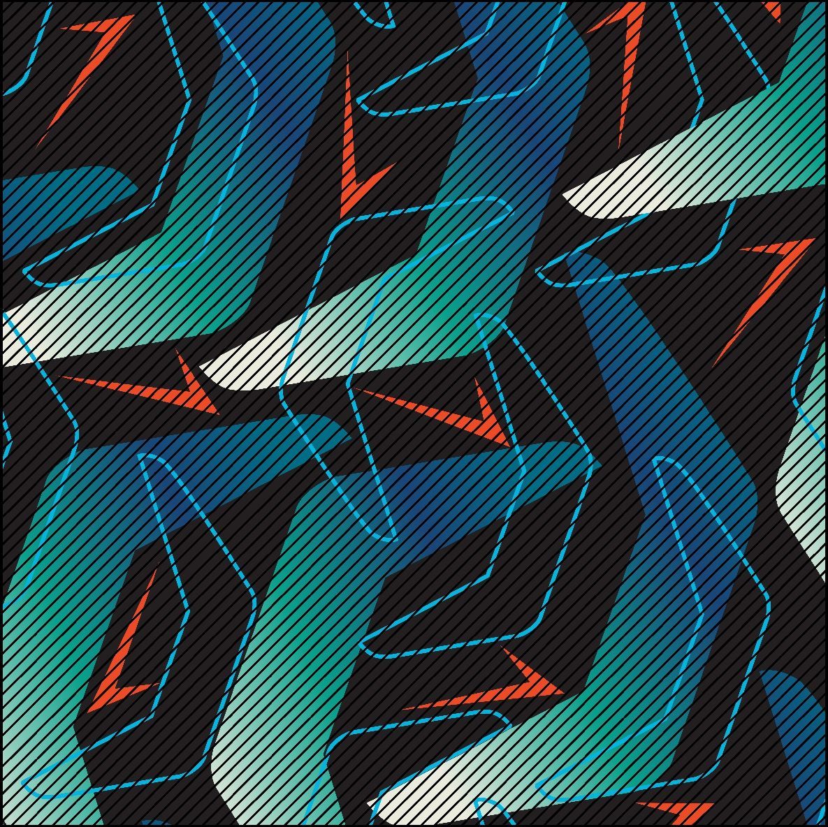 Patrón abstracto con bumeranes verde azulado y azules sobre un fondo negro, con formas de flechas naranjas.