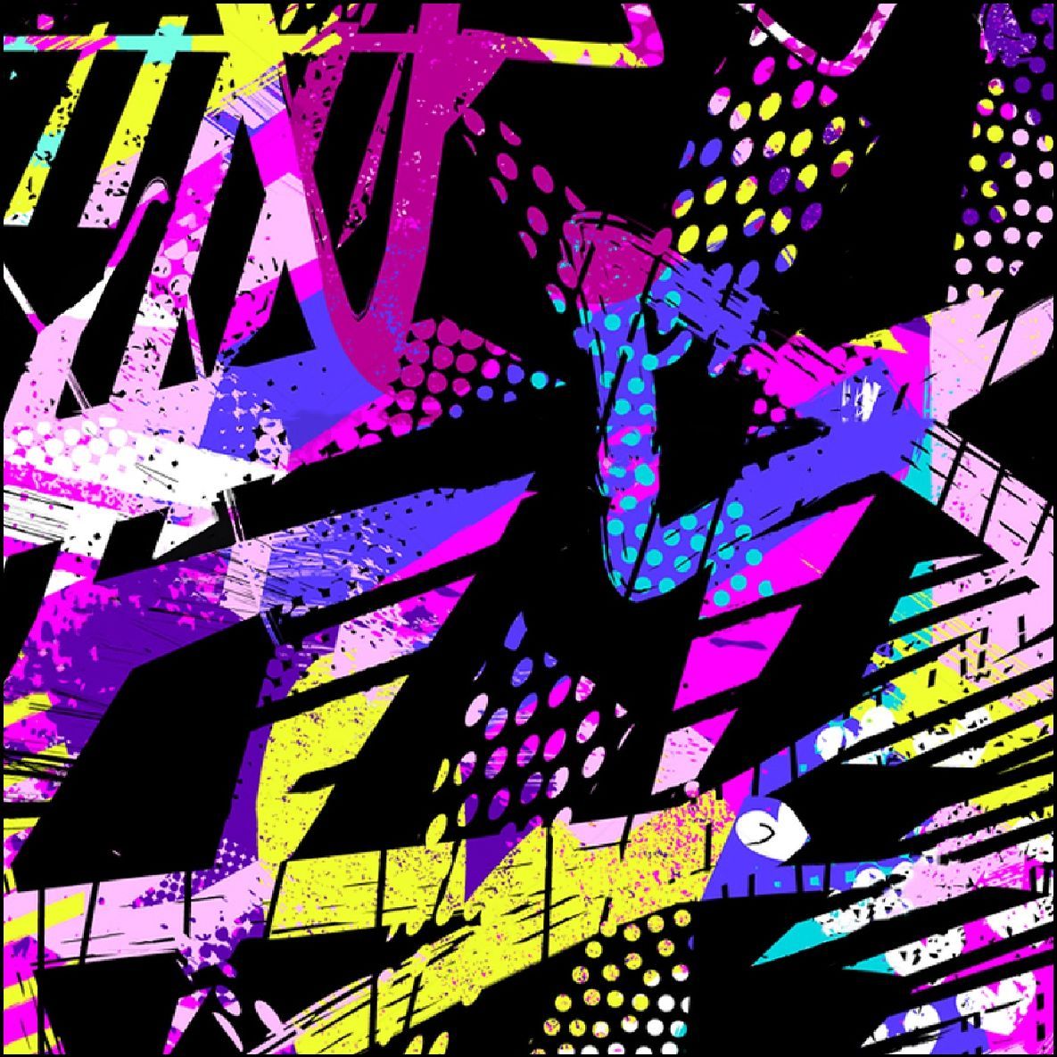 Diseño abstracto con formas geométricas de color amarillo, morado y azul sobre fondo negro.