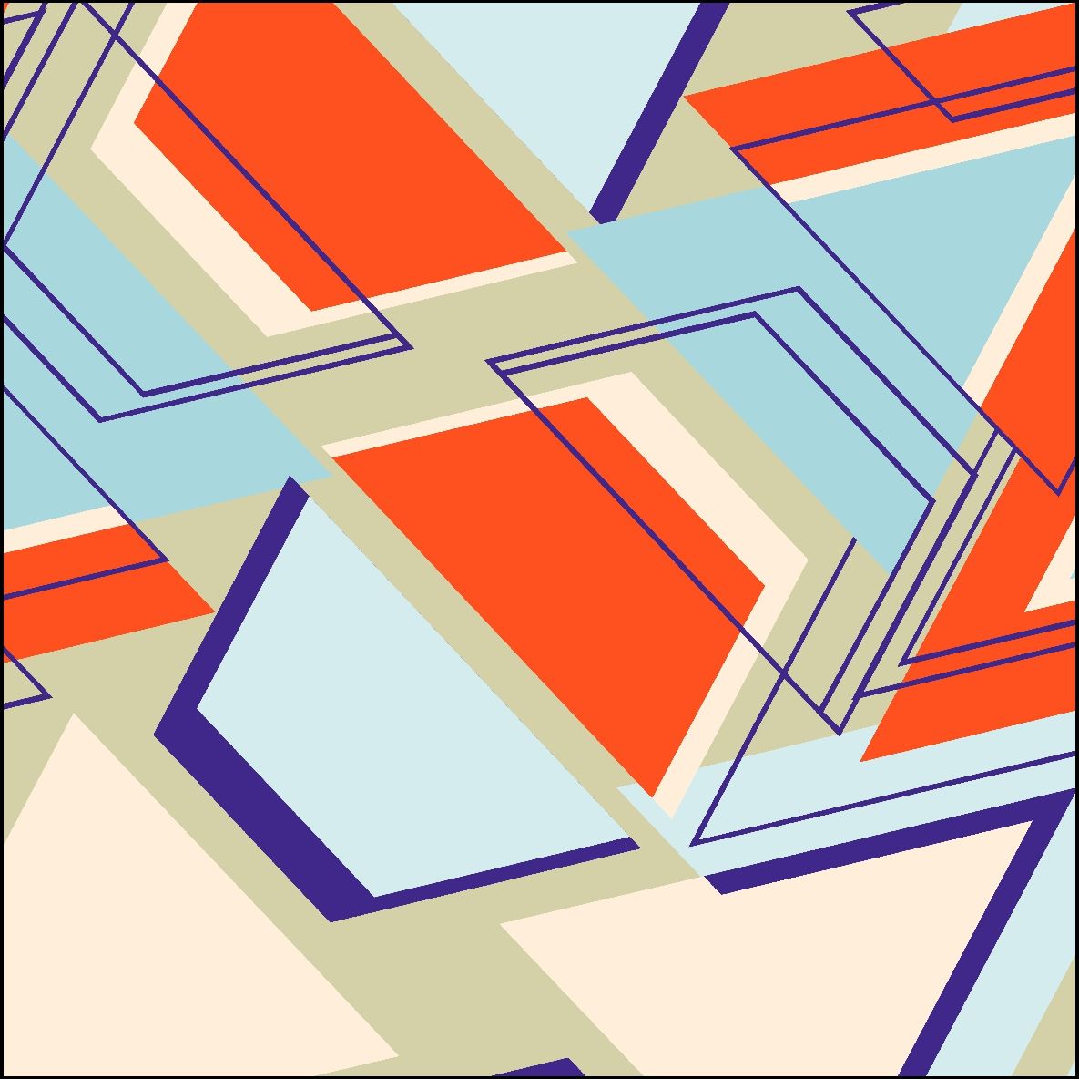 Patrón geométrico abstracto de formas naranjas, azules y azul claro con contornos azul oscuro.