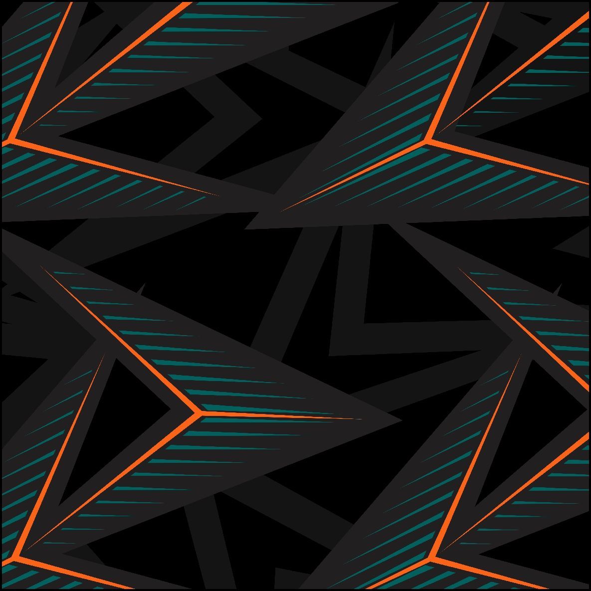 Abstracto geométrico con líneas naranjas y verde azulado sobre triángulos gris oscuro sobre un fondo negro.