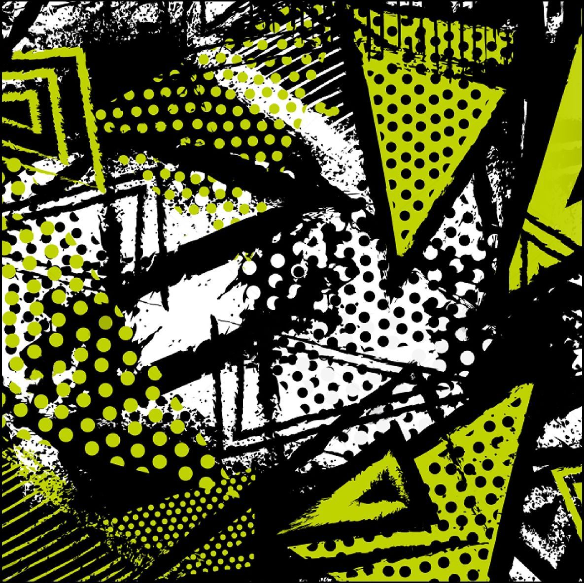 Gráfico abstracto con elementos en blanco, negro y verde neón, incluidos triángulos, puntos y líneas grunge.