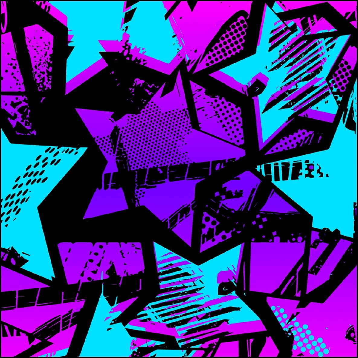 Diseño abstracto con estrellas superpuestas en cian, morado y negro.