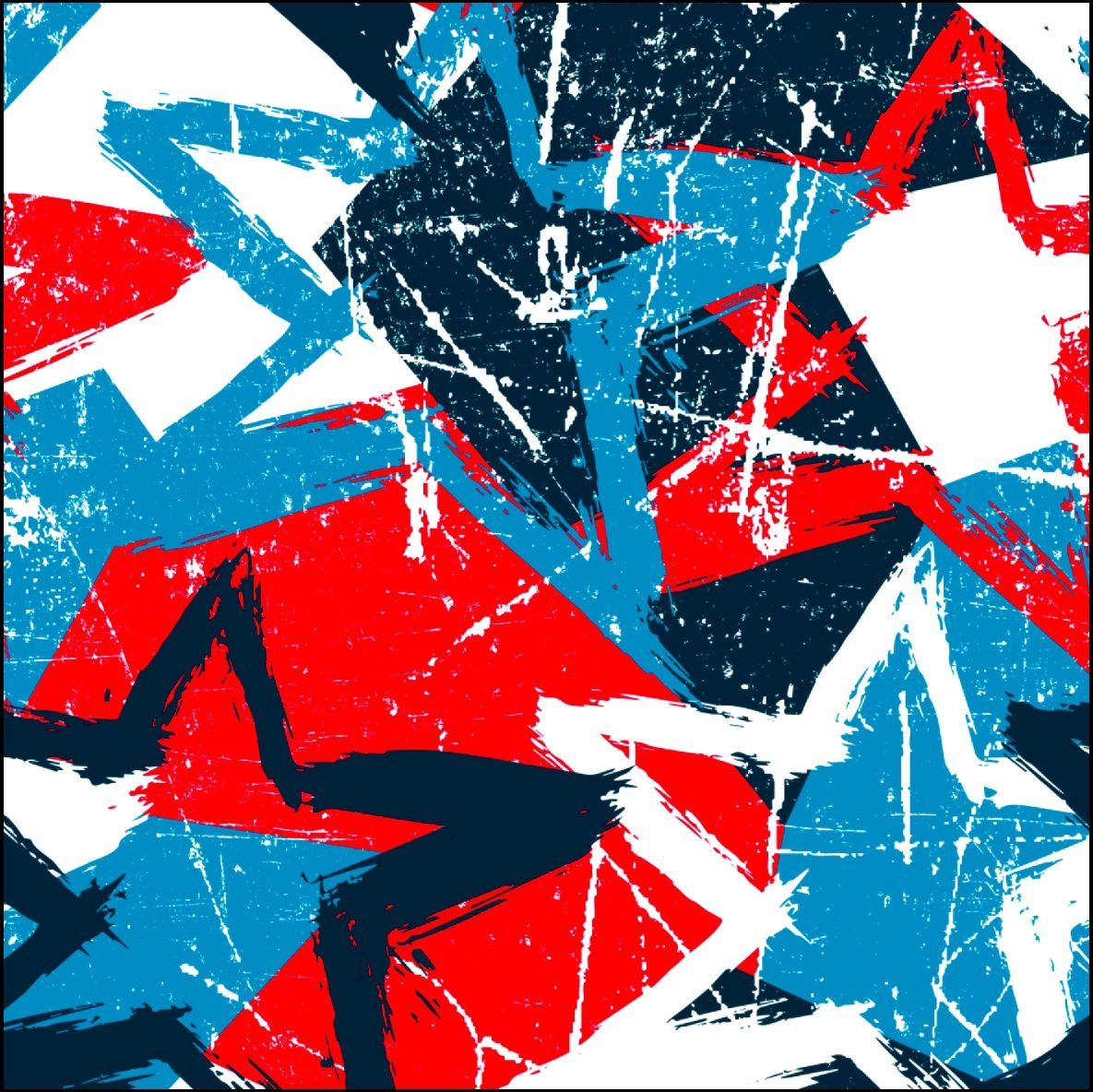 Patrón abstracto de formas irregulares en rojo, blanco, azul y azul marino, con efectos de pinceladas desgastadas.