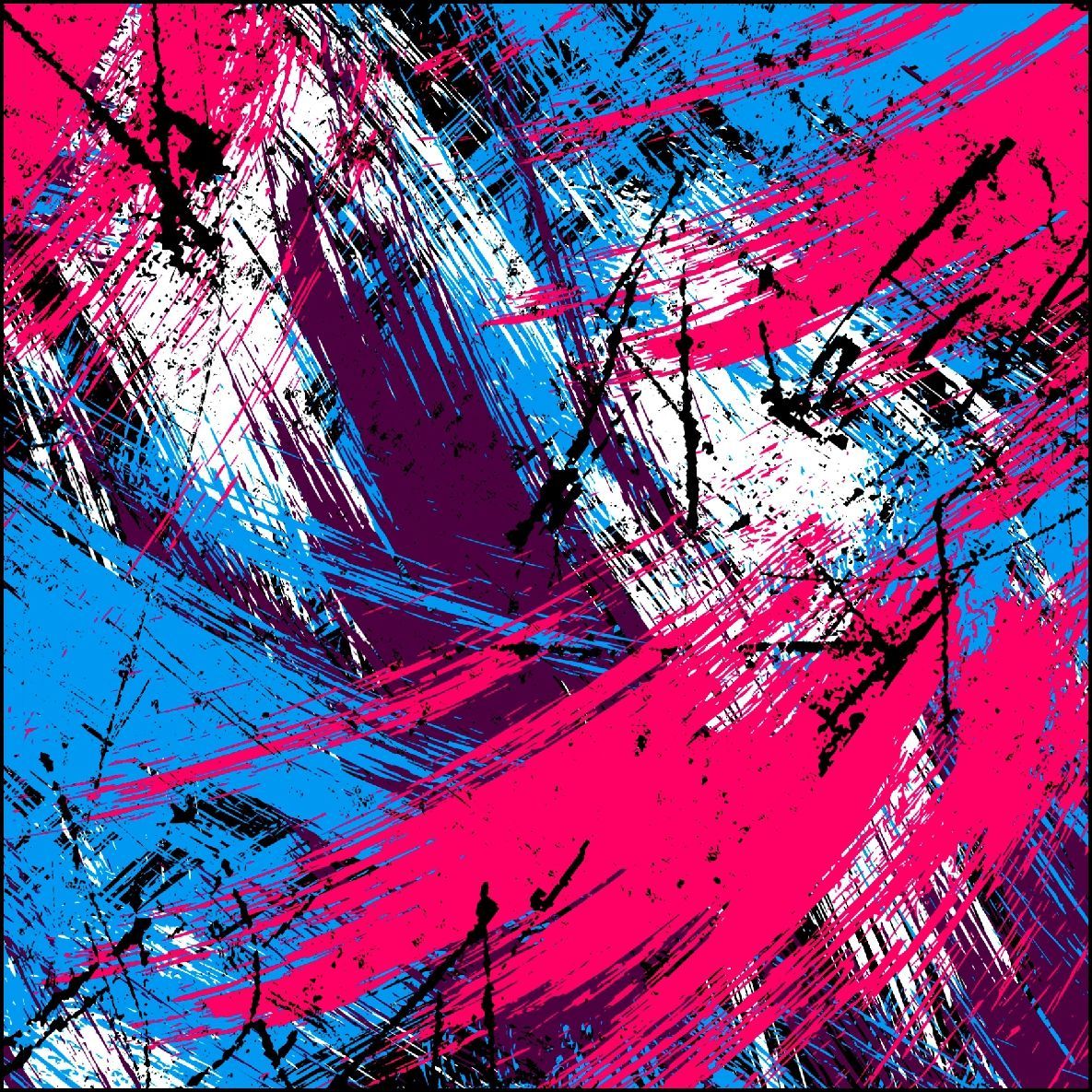 Arte abstracto con pinceladas, salpicaduras y líneas rosas, azules y negras sobre blanco.
