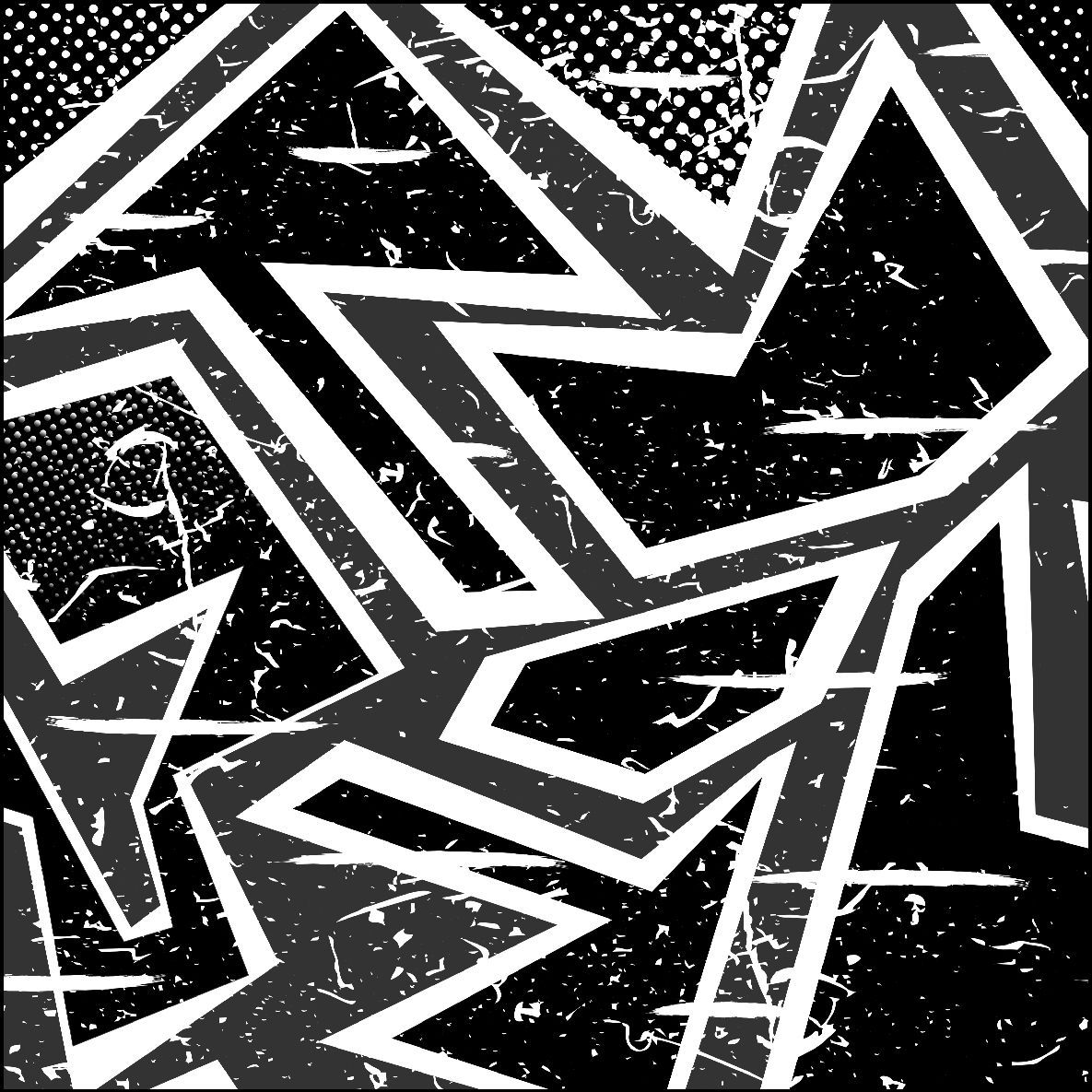 Diseño geométrico abstracto en blanco y gris, superpuesto sobre un fondo negro desgastado.