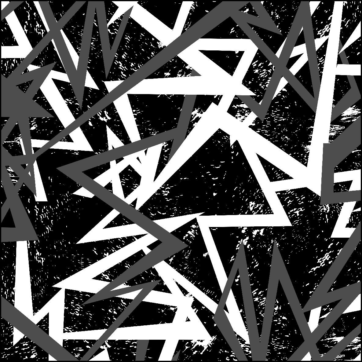 Diseño abstracto con formas angulares grises y blancas sobre un fondo negro texturizado.