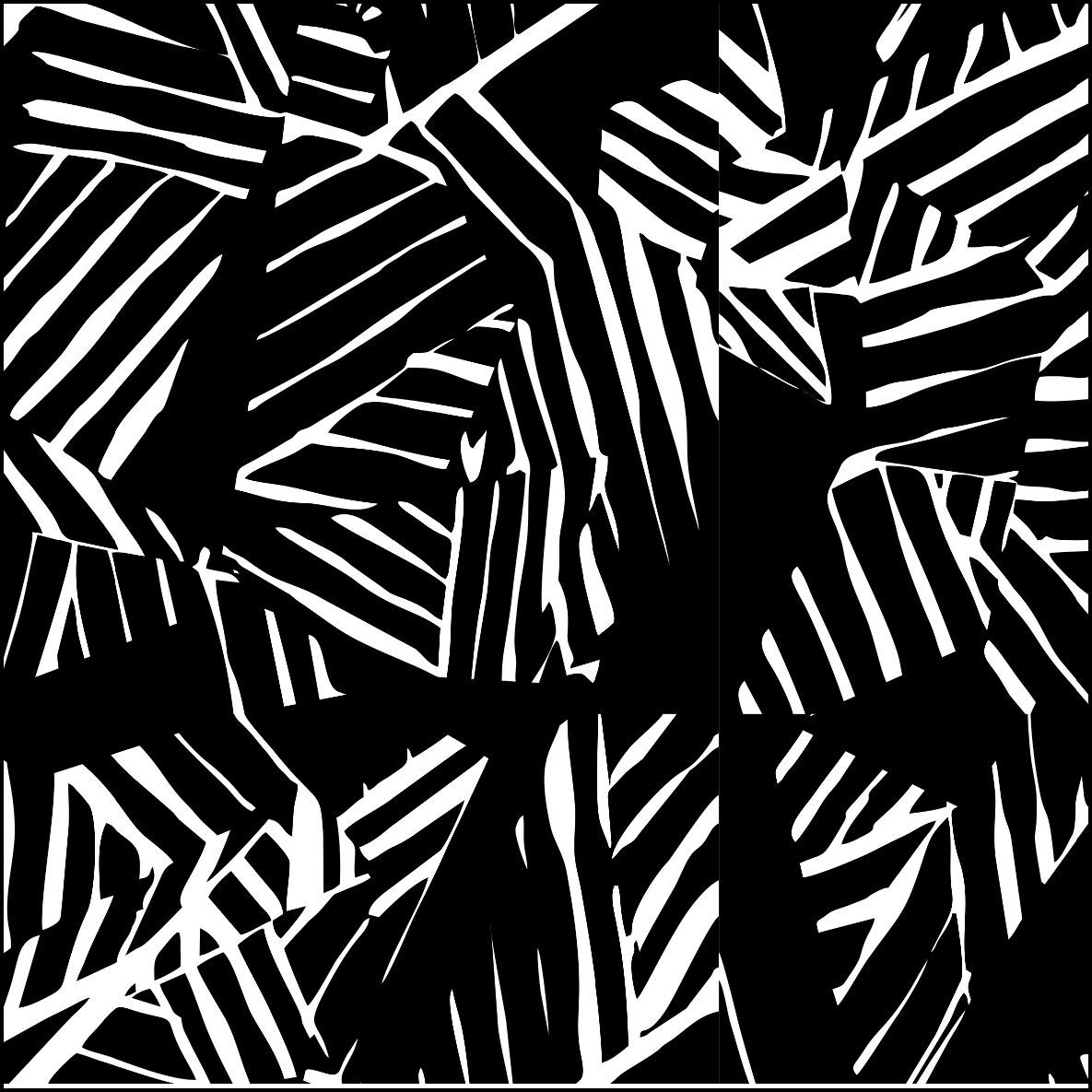 Patrón abstracto en blanco y negro con formas superpuestas que se asemejan a hojas con detalles de rayas.