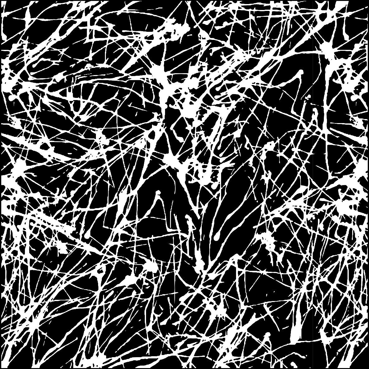 Obra de arte abstracta en blanco y negro con un patrón caótico y salpicado de líneas y formas blancas.