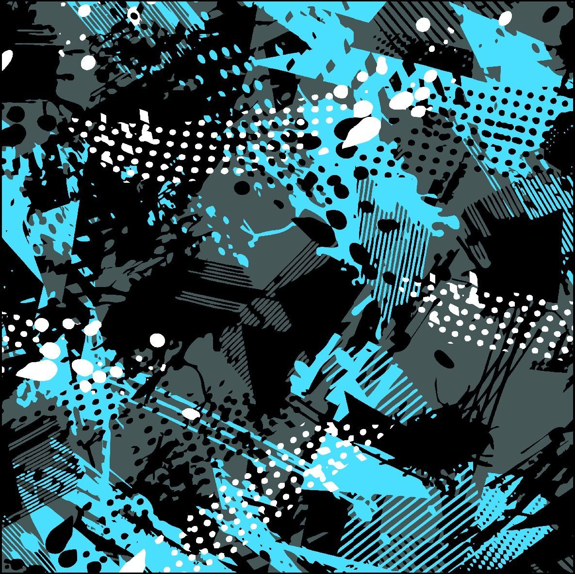 Patrón abstracto con salpicaduras y formas en negro, azul, gris y blanco.