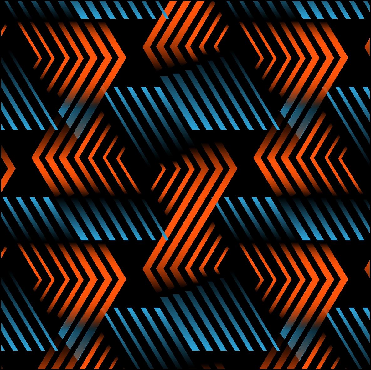 Patrón geométrico de líneas angulares de color naranja y azul sobre un fondo negro.