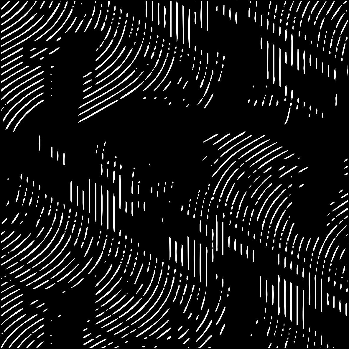 Patrón abstracto de líneas blancas curvas y verticales sobre fondo negro.