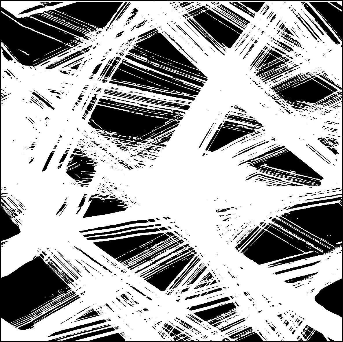 Pinceladas blancas sobre un fondo negro, creando un patrón caótico y texturizado.