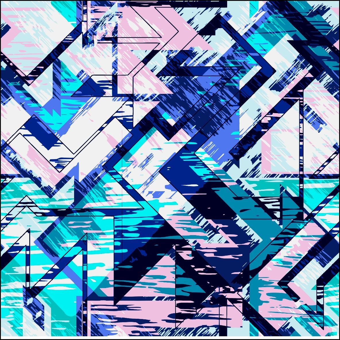 Patrón geométrico abstracto con formas superpuestas de color azul, verde azulado y rosa.