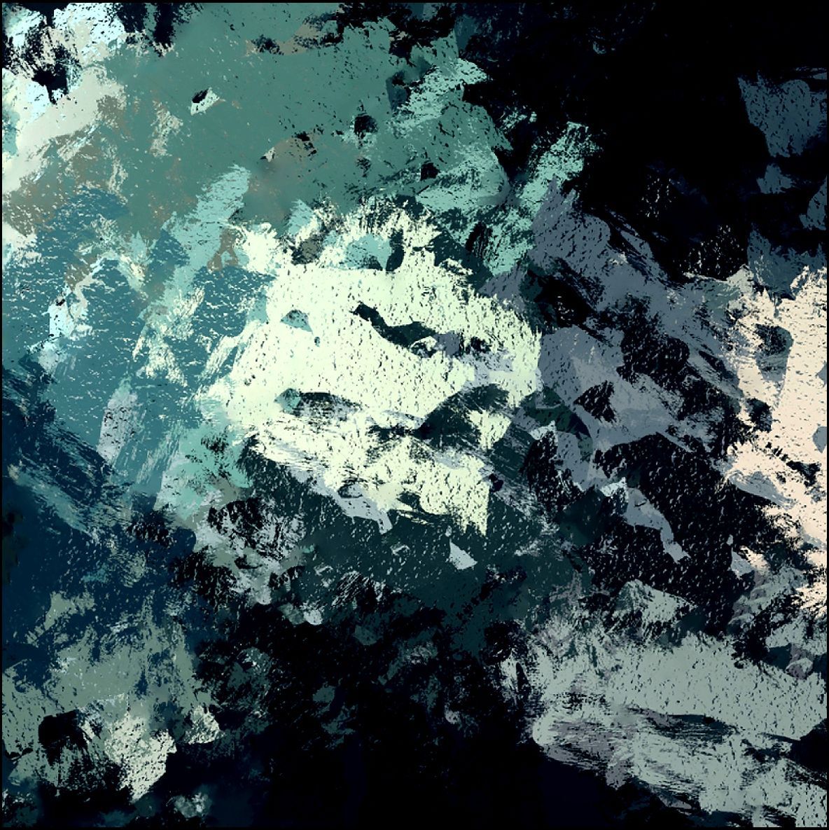 Arte abstracto de aspecto turbio y texturizado en tonos azules y blancos.