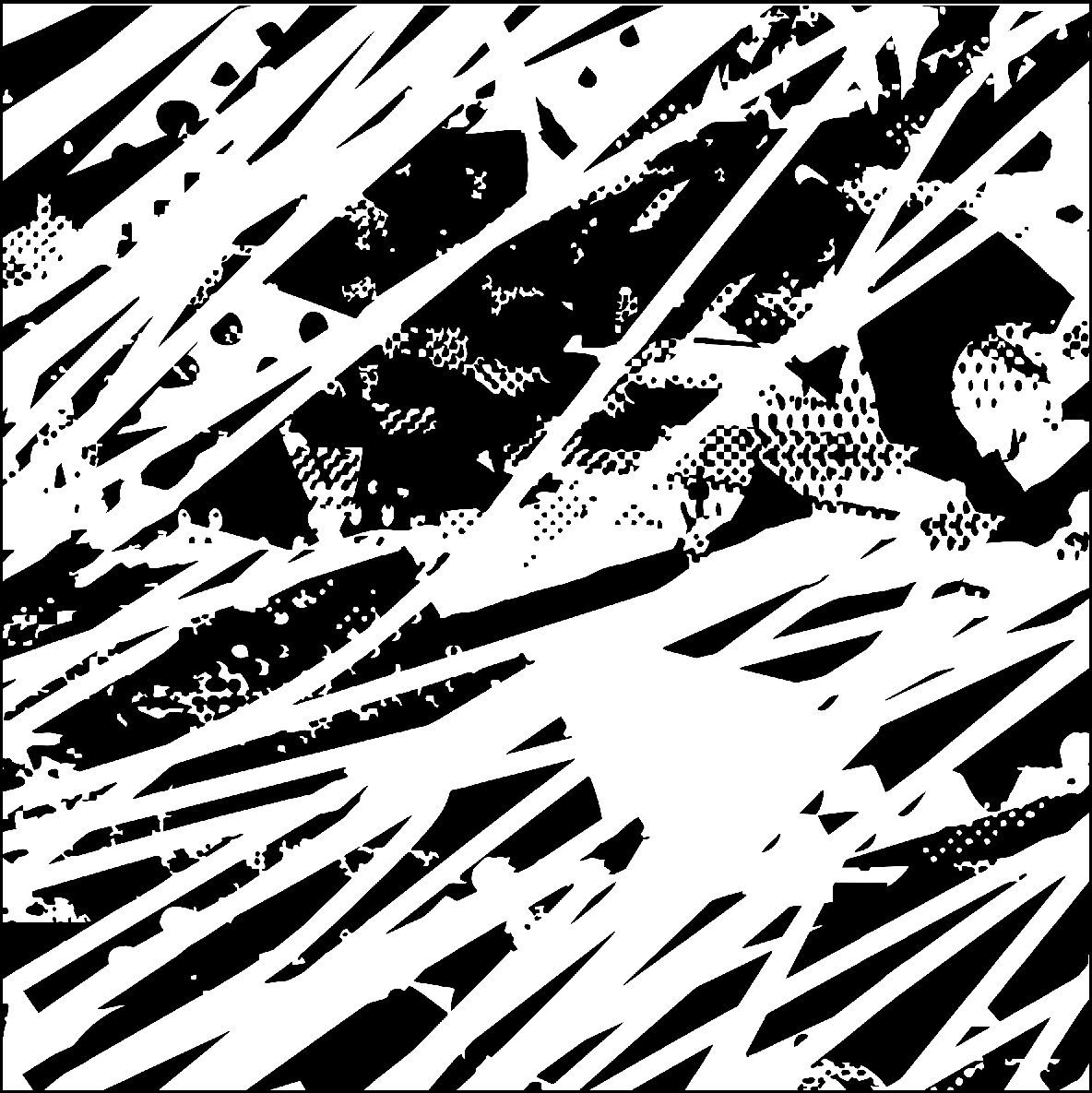 Formas geométricas abstractas en blanco y negro con líneas blancas diagonales.