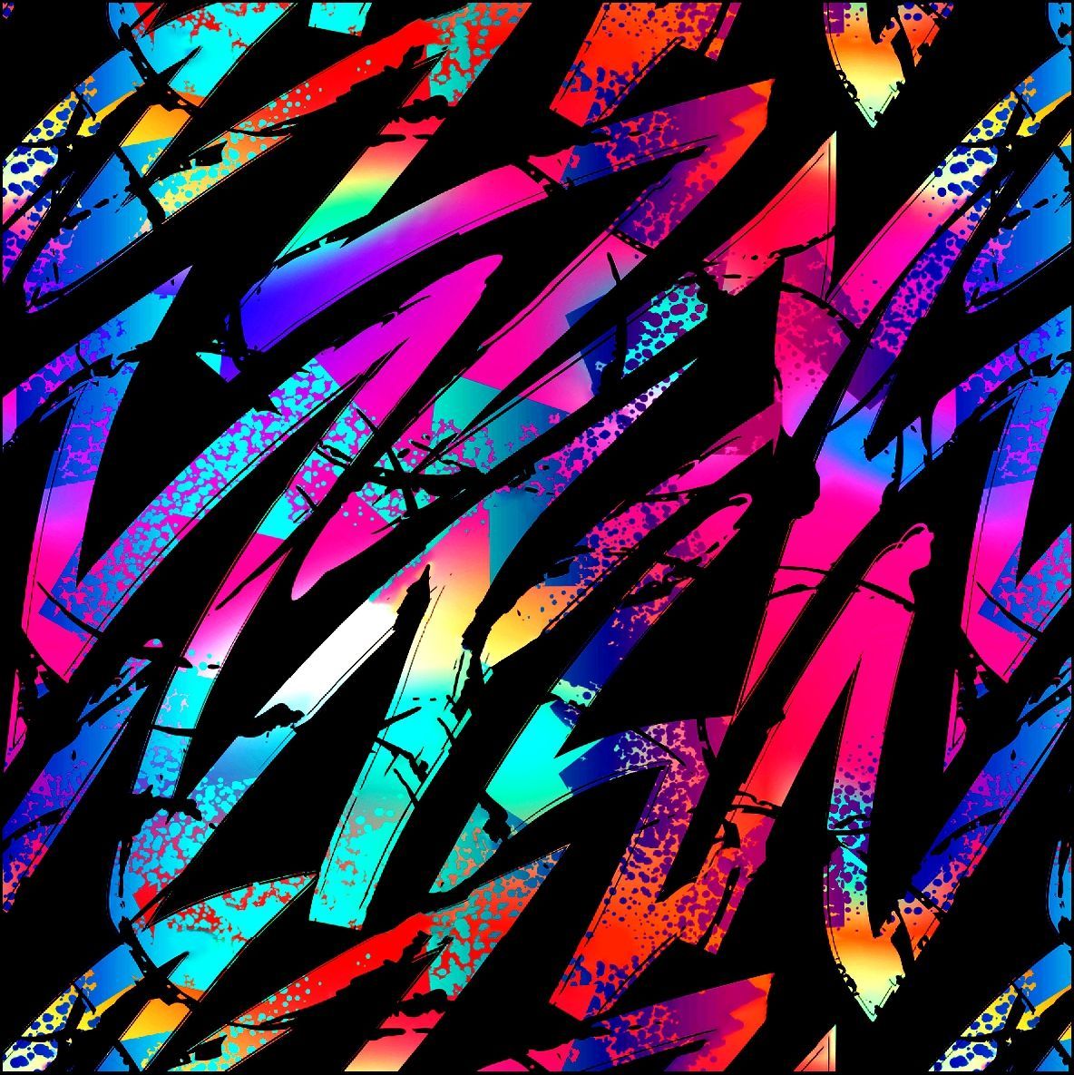 Patrón de graffiti abstracto, pinceladas vibrantes en azul, rosa, naranja y morado sobre un fondo negro.