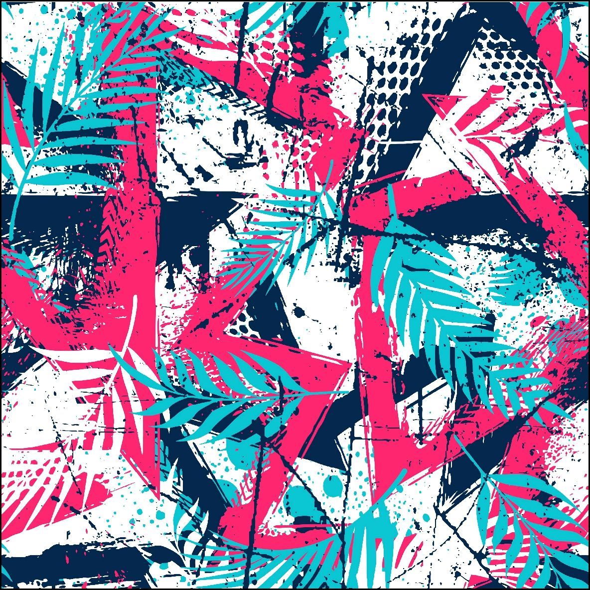 Diseño abstracto con formas geométricas de color rosa, verde azulado y azul marino, salpicaduras y hojas de palma 