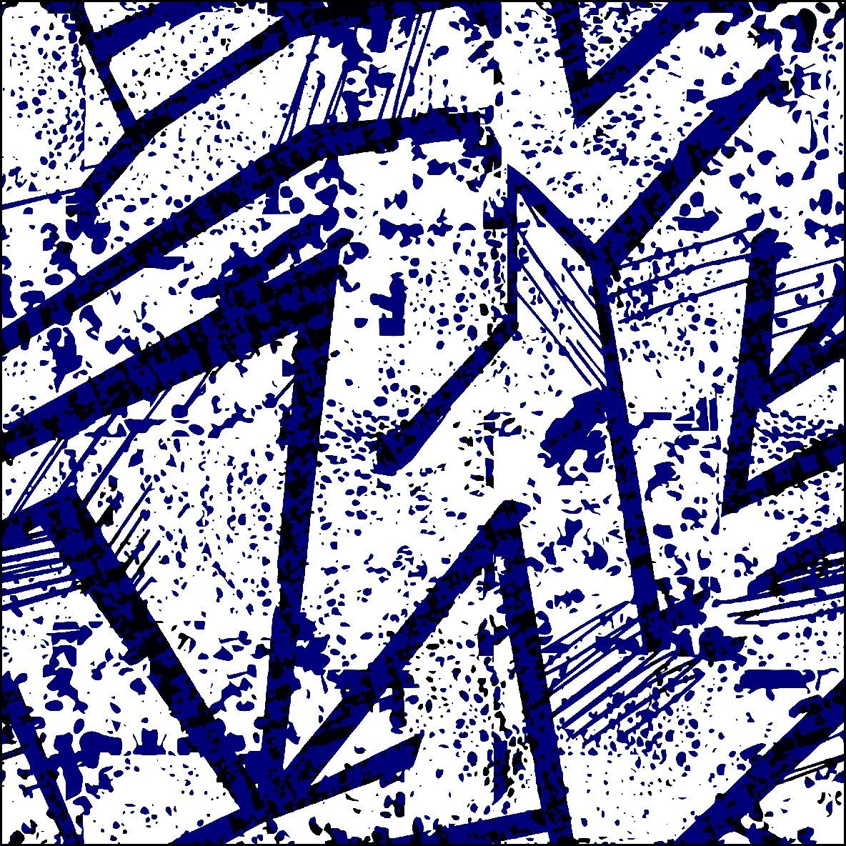 Formas angulares de color azul oscuro y salpicaduras sobre un fondo blanco.