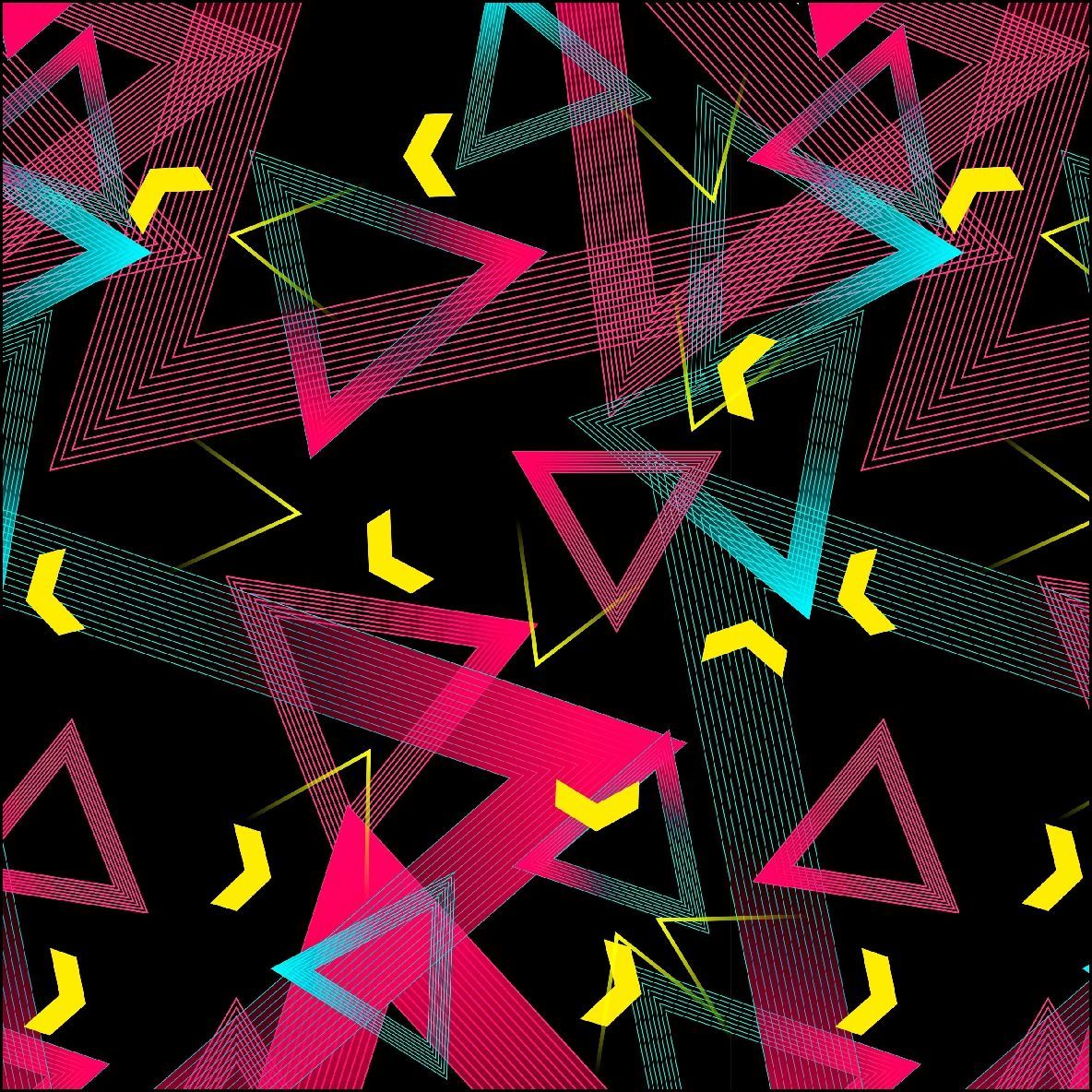 Fondo negro con triángulos geométricos y chevrones dispersos en tonos rosa, verde azulado y amarillo.